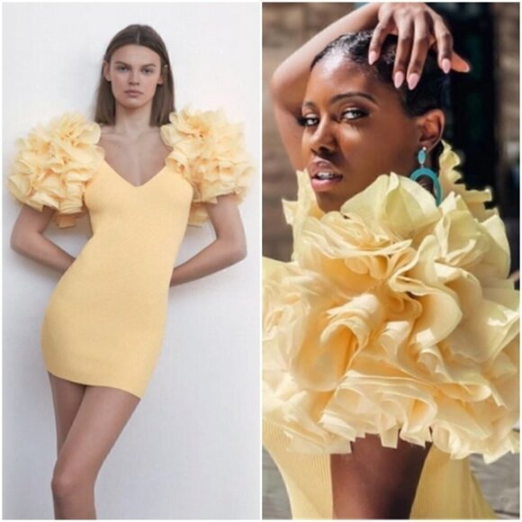 ZARA Bloggers Fav Organza Puff Sleeve Mini Dress Ribbed Bodycon Butter Yellow S - Picture 1 of 16